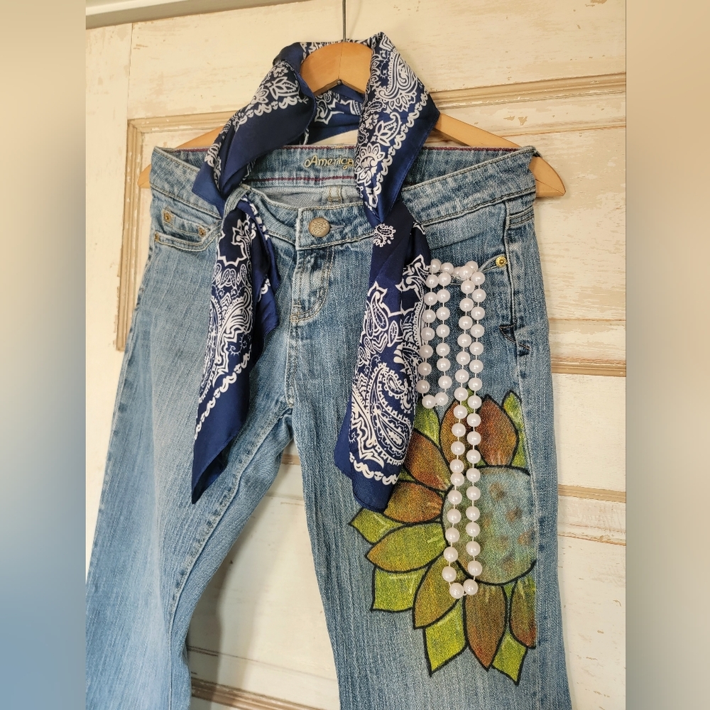 American Eagle Handpainted Sunflower Wide Leg Jeans Size 4 Long